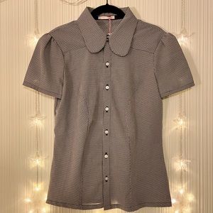 One Of A Kind! Gingham Black + White Short Sleeve Button Up w/ Peter Pan Collar